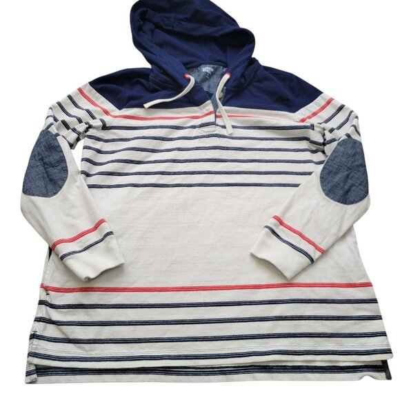 Lands End Hoodie Womens XL Blue Off White Striped Henley Pullover Patches Pocket - Picture 1 of 9